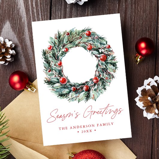 ウォーターカラーホリーベリー&グリーンリースノンフォト シーズンカード