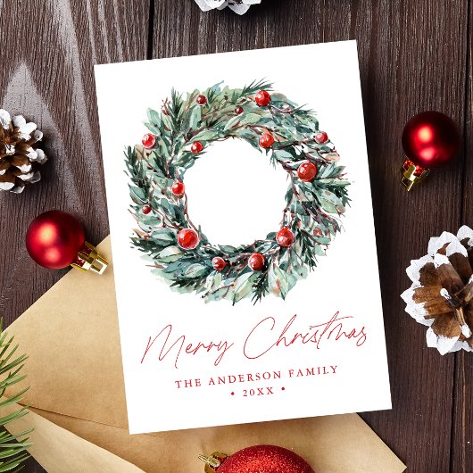 ウォーターカラーホリーベリー&グリーンリースノンフォト シーズンカード