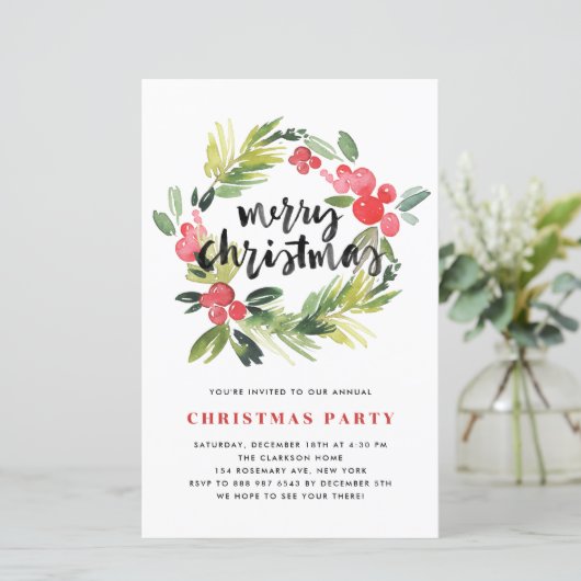 ウォーターカラーホリーリースクリスマスパーティの招待状 (スタンド正面)