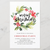 ウォーターカラーホリーリースクリスマスパーティの招待状 (正面)