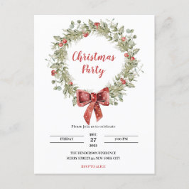 ウォーターカラーホリーリースクリスマスパーティの招待状 インビテーションポストカード