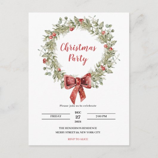 ウォーターカラーホリーリースクリスマスパーティの招待状 インビテーションポストカード (正面)