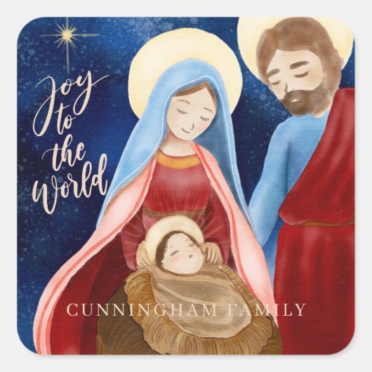 ウォーターカラーホリー出生ホリディグリーティング スクエアシール (正面)