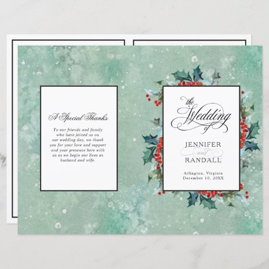 ウォーターカラーホリー&ベリーフォールディング結婚式 プログラム (正面/裏面)