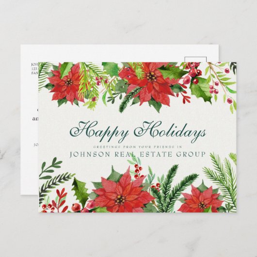 ウォーターカラーホリー&ポインセティア |祝日の挨拶 ポストカード (正面/裏面)