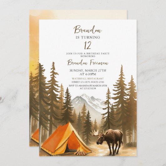 ウォーターカラーホワイトウッドラ素朴ンドキャンプ誕生日 招待状 (正面/裏面)