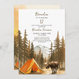 ウォーターカラーホワイトウッドラ素朴ンドキャンプ誕生日 招待状