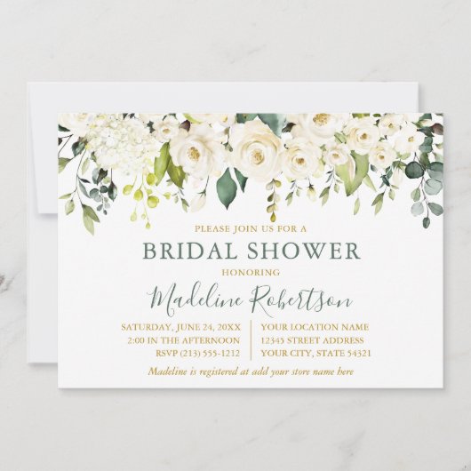 ウォーターカラーホワイトフローラセージ緑ブライダルシャワー 招待状 (正面)