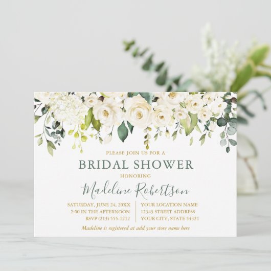 ウォーターカラーホワイトフローラセージ緑ブライダルシャワー 招待状 (スタンド正面)