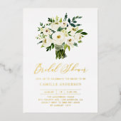 ウォーターカラーホワイトフローラブーケブライダルシャワー 箔招待状 (正面)