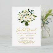 ウォーターカラーホワイトフローラブーケブライダルブランチ 箔招待状 (立ち正面)
