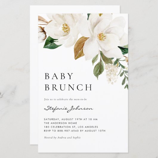 ウォーターカラーホワイトマグノリアベビーブランチ招待状 (正面/裏面)