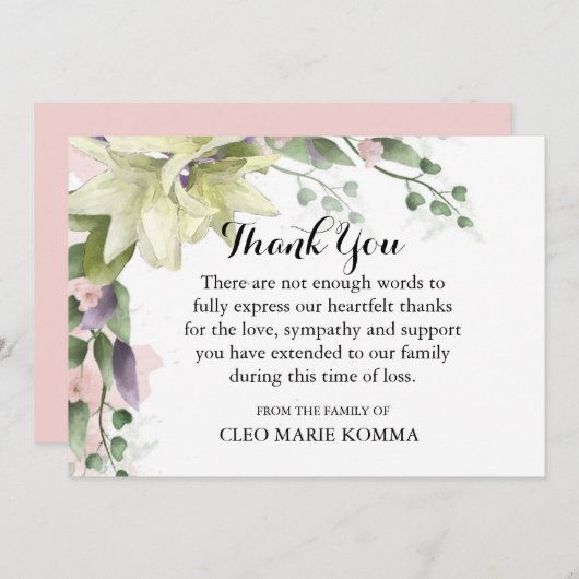 ウォーターカラーホワイトリリー悔やみや弔慰サンキューカード サンキューカード (正面/裏面)