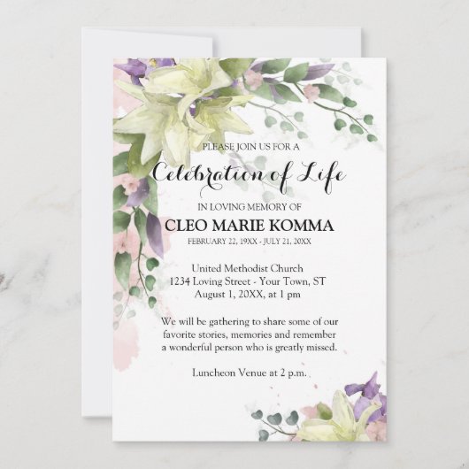 ウォーターカラーホワイトリリー悔やみや弔慰招待状 サンキューカード (正面)