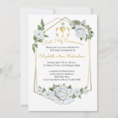 ウォーターカラーホワイトローズジオメトリックフレームコミュニオン 招待状 (正面)