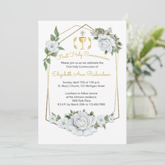 ウォーターカラーホワイトローズジオメトリックフレームコミュニオン 招待状 (スタンド正面)