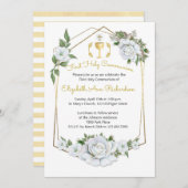 ウォーターカラーホワイトローズジオメトリックフレームコミュニオン 招待状 (正面/裏面)