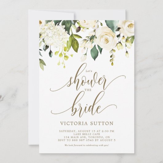 ウォーターカラーホワイトローズ&アジサイブライダルシャワー 招待状 (正面)