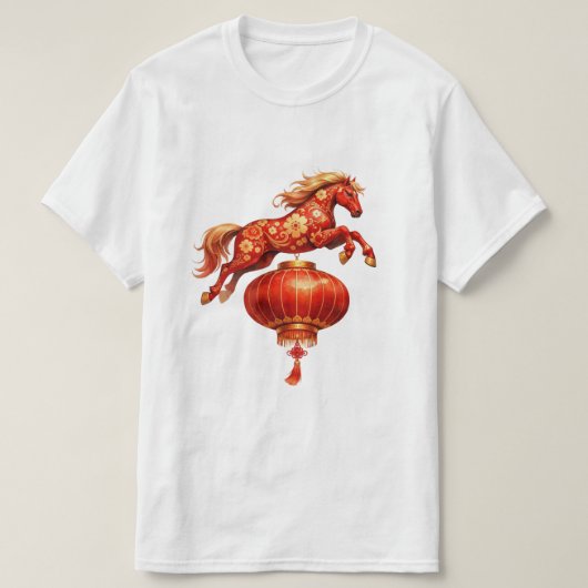 ウォーターカラーホースジャンピング赤いランタン Tシャツ (デザイン正面)