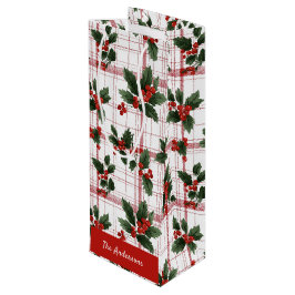 ウォーターカラーホーリーベリープレイドクリスマスネーム ワインギフトバッグ
