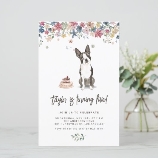 ウォーターカラーボストンテリアードッグ誕生日招待状 (スタンド正面)