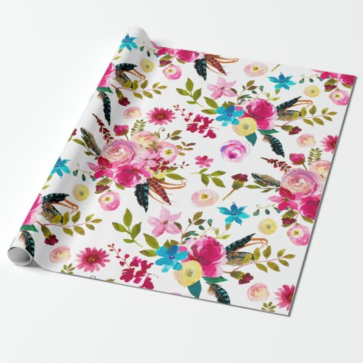 ウォーターカラーボホシックフローラ結婚ズ ラッピングペーパー (アンロールド)