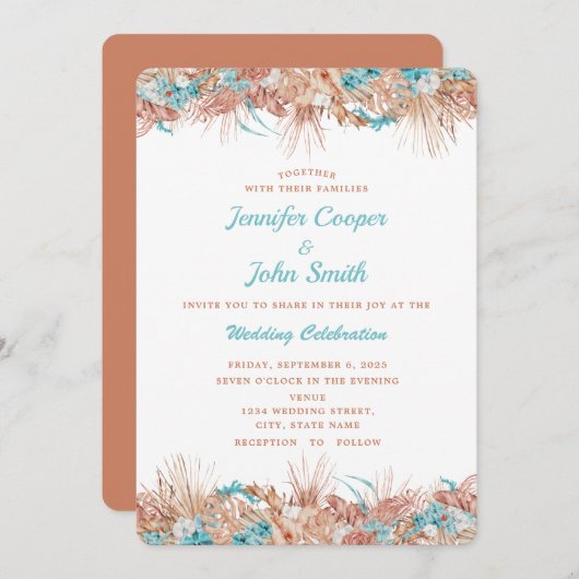 ウォーターカラーボホテラコッタフローラ結婚ズ 招待状 (正面/裏面)