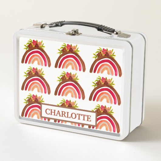 ウォーターカラーボホパステルキッズガールフローラレインボー メタルランチボックス (正面)
