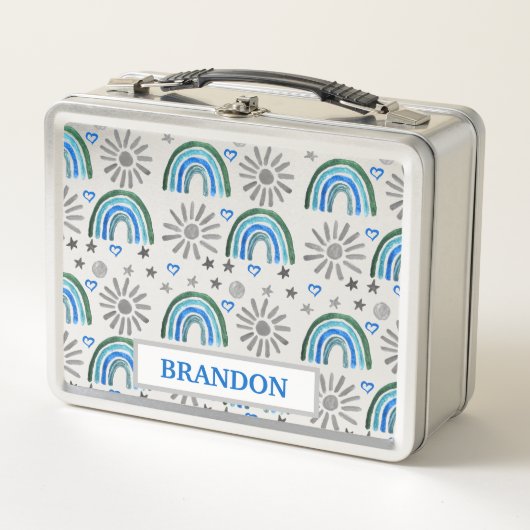 ウォーターカラーボホパステルブルーボーイナーブレインボー メタルランチボックス (正面)
