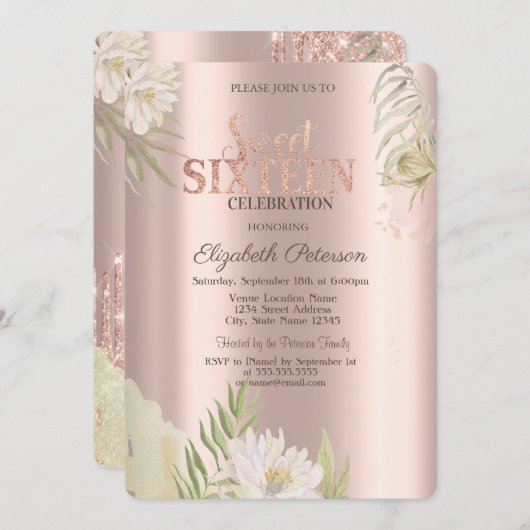 ウォーターカラーボホフローラバラ金ゴールドスウィート16 招待状 (正面/裏面)