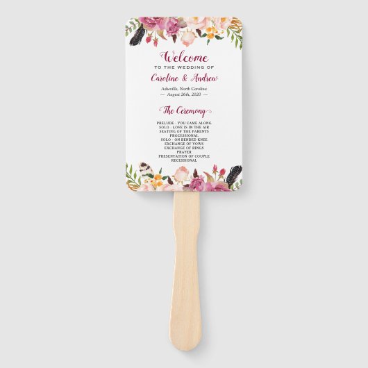 ウォーターカラーボホフローラフェザー結婚式 プログラム ハンドファン (正面)