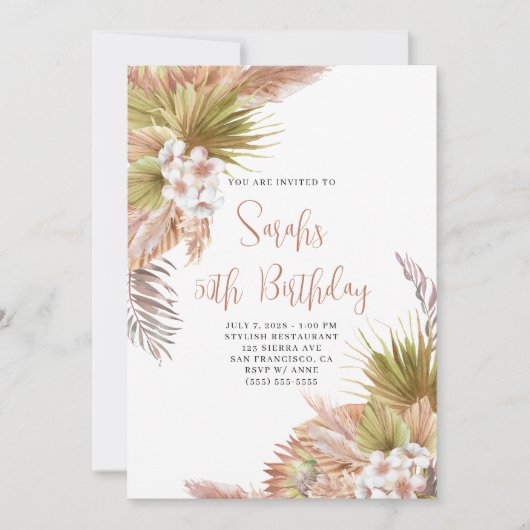 ウォーターカラーボホベージュフローラ50誕生日 招待状 (正面)