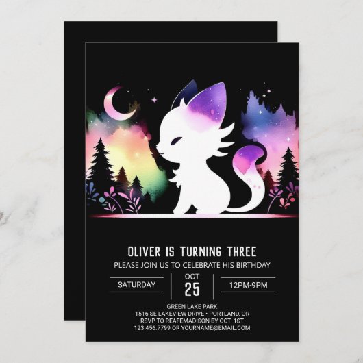 ウォーターカラーボホーキャット誕生日 招待状 (正面/裏面)