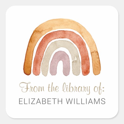 ウォーターカラーボホーレインボーパーソナライズされた蔵書票 スクエアシール (正面)