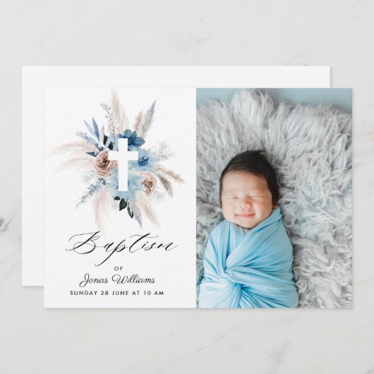 ウォーターカラーボホー花模様バプティスマ写真招待状 招待状 (正面/裏面)