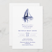 ウォーターカラーボートネイビーブルーブライダルシャワー招待状 招待状 (正面/裏面)