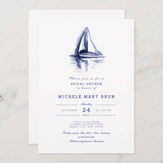 ウォーターカラーボートネイビーブルーブライダルシャワー招待状 招待状 (正面/裏面)