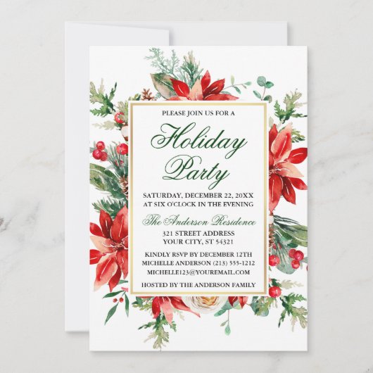 ウォーターカラーポインセチアフローラグリーンホリデーパーティー 招待状 (正面)