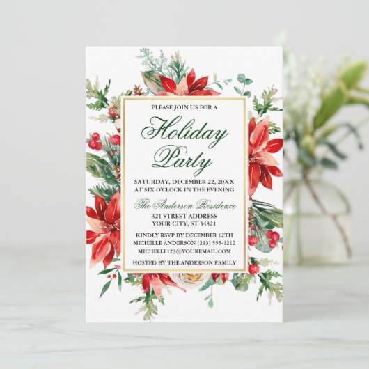 ウォーターカラーポインセチアフローラグリーンホリデーパーティー 招待状 (スタンド正面)