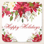 ウォーターカラーポインセチアフローラハッピーホリデー スクエアペーパーコースター (正面)