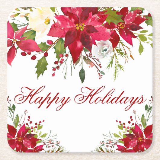 ウォーターカラーポインセチアフローラハッピーホリデー スクエアペーパーコースター (正面)