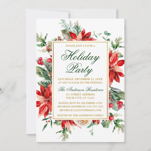 ウォーターカラーポインセチアフローラ金ゴールドホリデーパーティー 招待状 (正面)