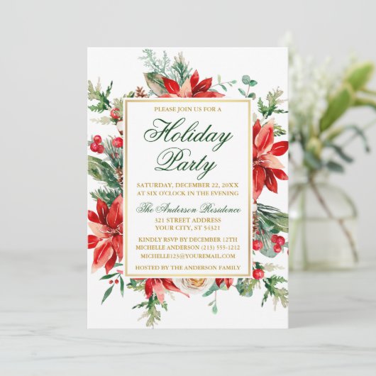 ウォーターカラーポインセチアフローラ金ゴールドホリデーパーティー 招待状 (スタンド正面)