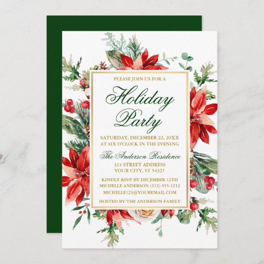 ウォーターカラーポインセチアフローラ金ゴールドホリデーパーティー 招待状 (正面/裏面)