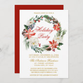 ウォーターカラーポインセチアリースレッドホリデーパーティー 招待状 (正面/裏面)