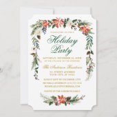ウォーターカラーポインセチア金ゴールドグリーンホリデーパーティー 招待状 (正面)