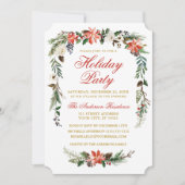 ウォーターカラーポインセチア金ゴールドレッドホリデーパーティー 招待状 (正面)