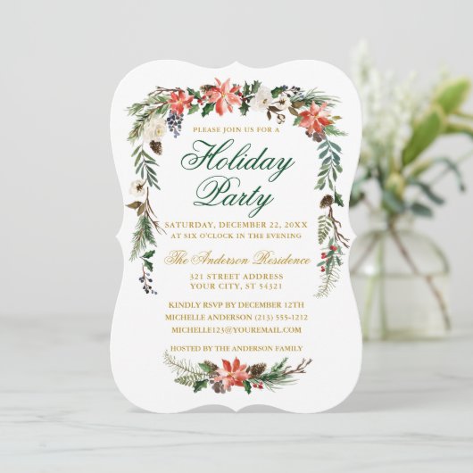 ウォーターカラーポインセティアグリーン金ゴールドホリデーパーティー 招待状 (スタンド正面)