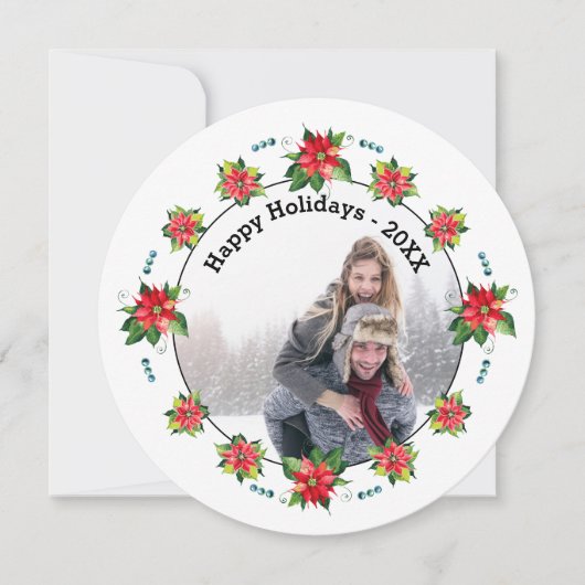 ウォーターカラーポインセティアサークルホリデーカード シーズンカード (正面)