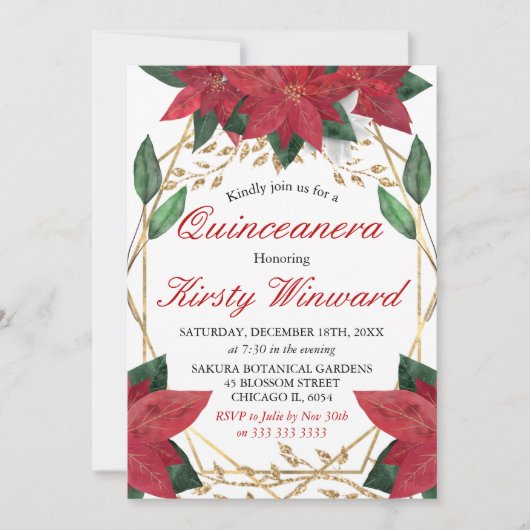 ウォーターカラーポインセティアフローラクリスマスキンセアニェラ 招待状 (正面)